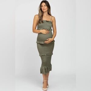 PinkBlush Olive Satin Smocked Fitted Maternity Midi Dress - Large